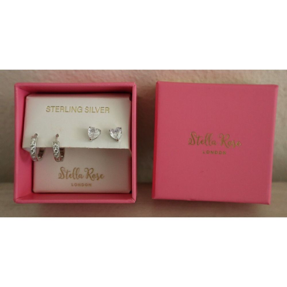Stella Rose London Sterling Silver, 2 Set Earrings - Huggie & Heart Shaped Stud